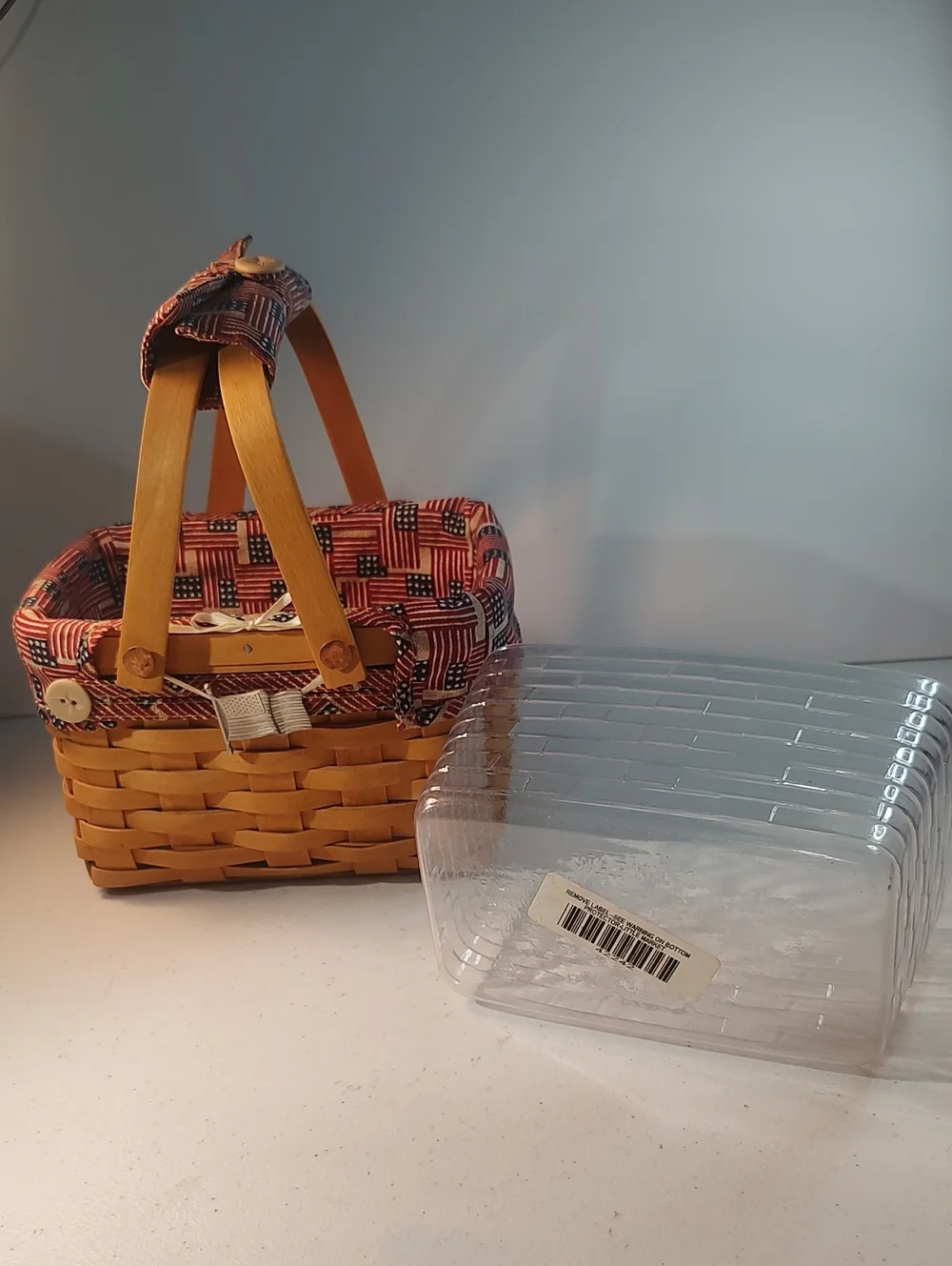 Longaberger Small Market Basket With Old Glory Liner, Flag Tie On, & Handle Tie